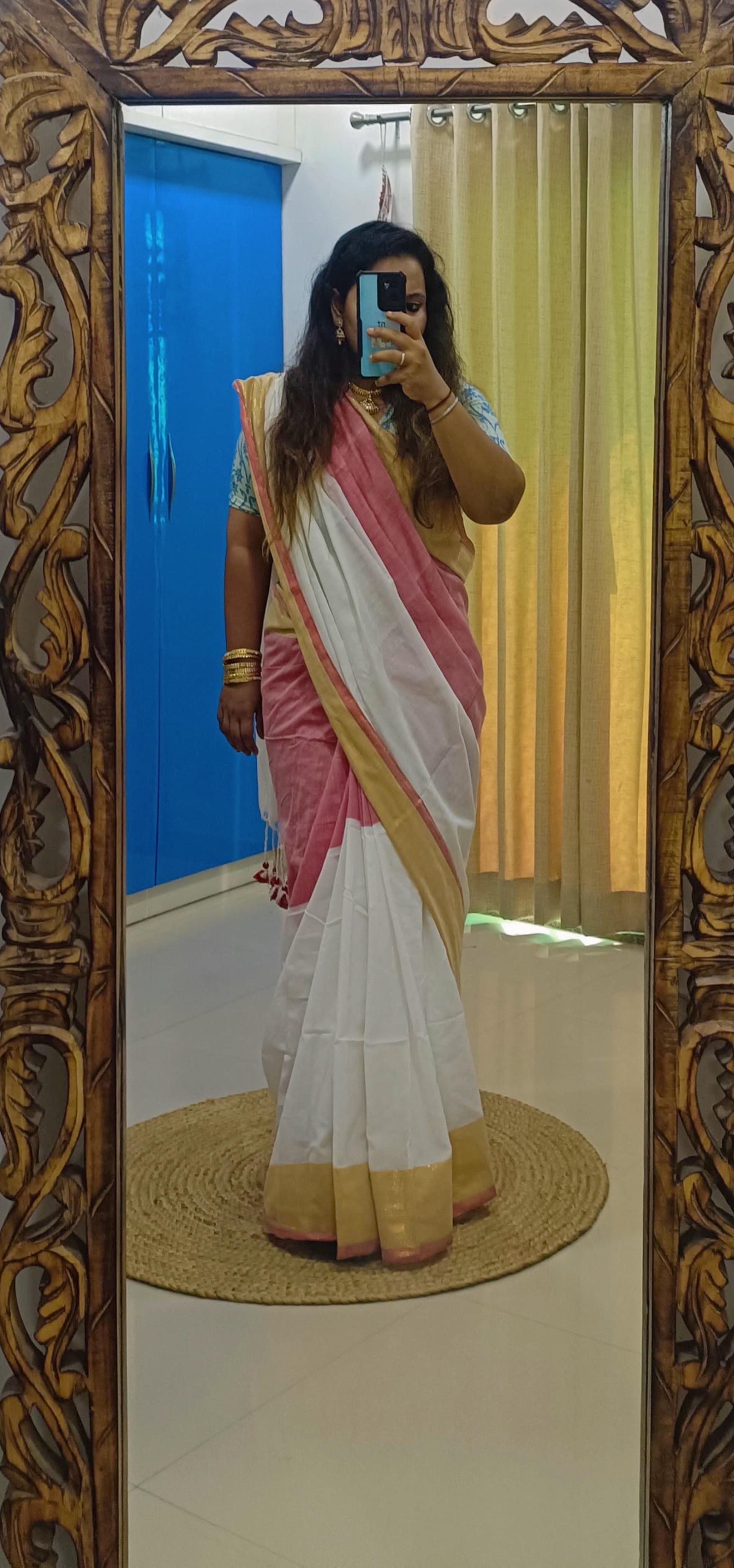 Rangdhaaga White with pink Linen cotton Saree with golden pink Border